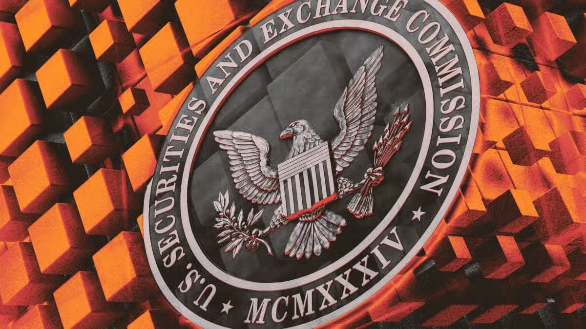 U.S. Securities and Exchange Commission (SEC) seal with a blockchain background representing crypto regulations and digital asset oversight.