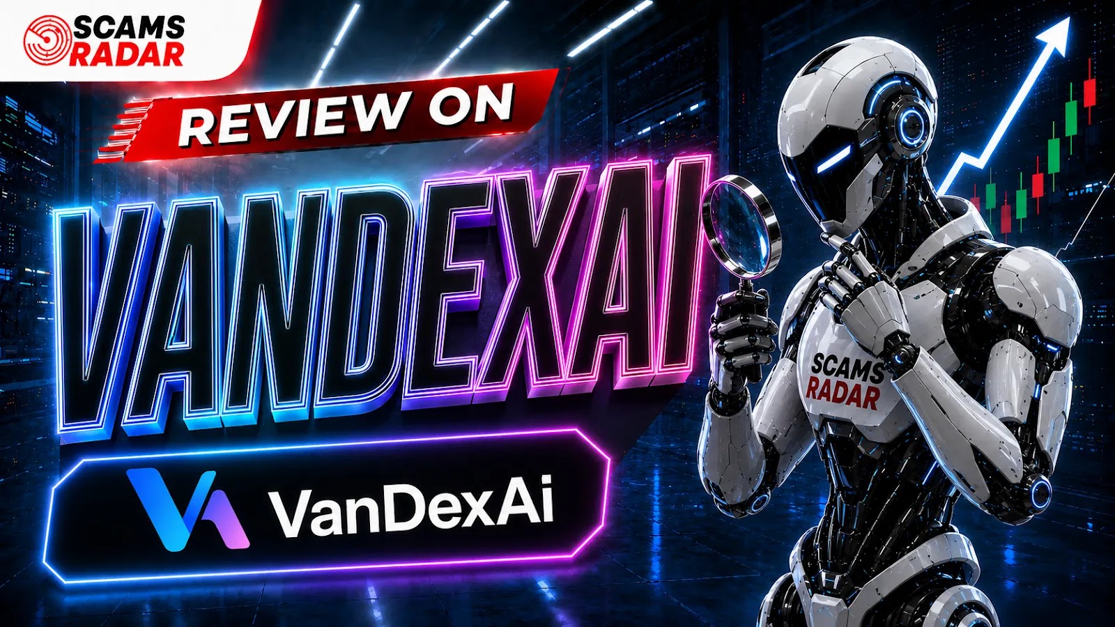 Scams Radar review thumbnail for VanDexAi, featuring a futuristic robot holding a magnifying glass, upward trading charts in a digital server room background, and bold 3D neon text highlighting Review on VanDexAi.