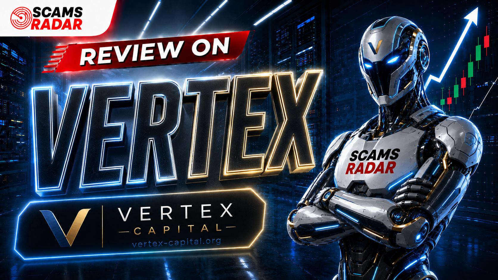 Scams Radar review thumbnail for Vertex Capital, featuring a futuristic robotic figure, digital trading charts in the background, and bold 3D text highlighting Review on Vertex Capital.
