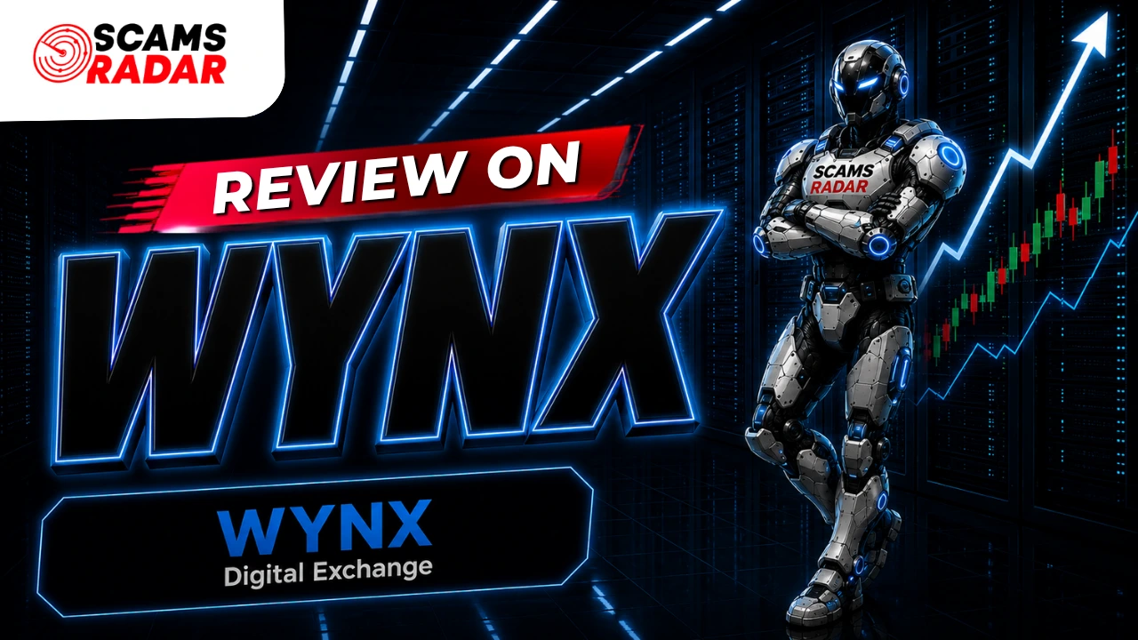 Detailed Review on WYNX Digital Exchange by Scams Radar showing futuristic robot trader and growth chart