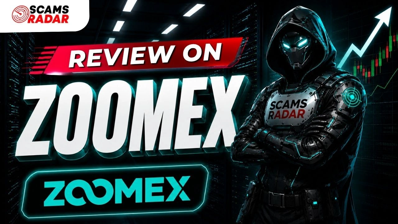 Zoomex exchange review banner featuring Scams Radar logo, futuristic cyber character, and crypto trading charts.