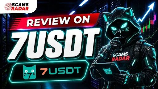 Review on 7USDT by Scams Radar featuring a futuristic cyan cat-masked cyberpunk character holding a tablet in front of trading charts.