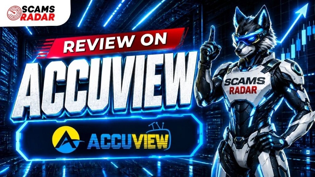 Accuview review graphic by Scams Radar featuring a futuristic character pointing up with Accuview logo.