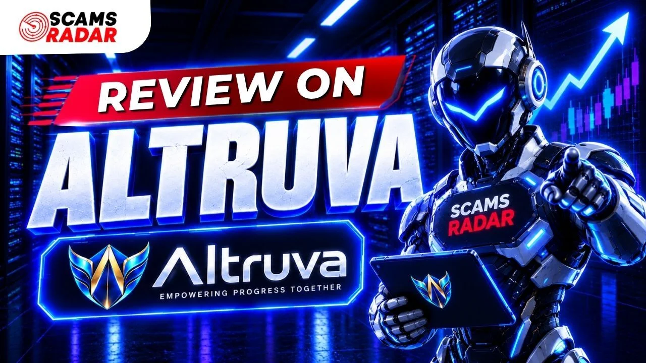 Altruva review graphic featured on Scams Radar with futuristic cyber design.