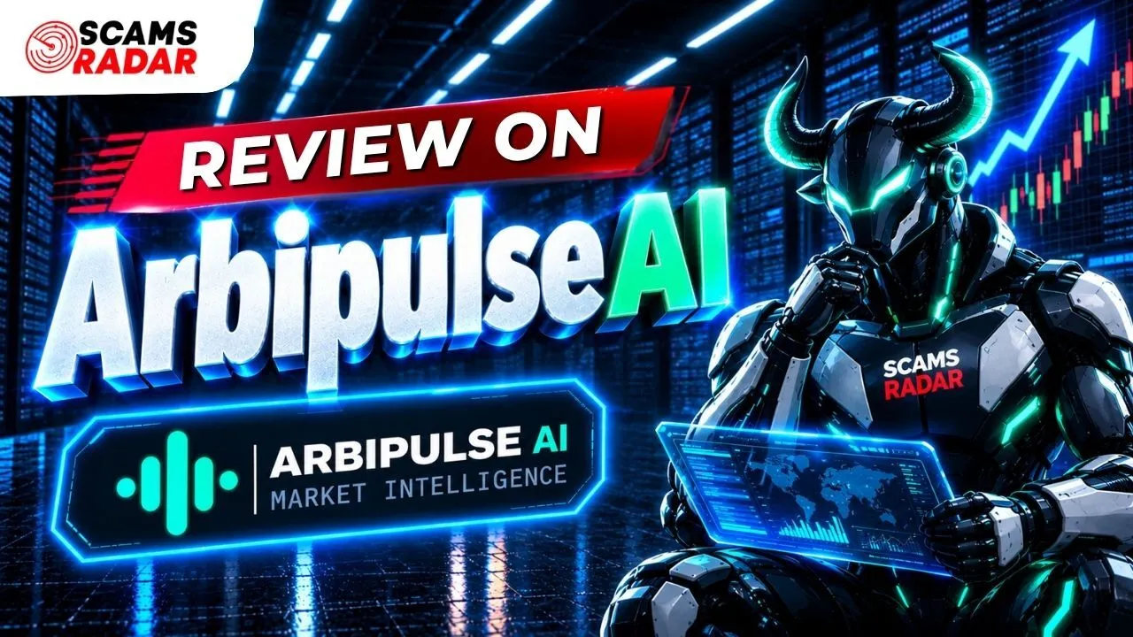 Scams Radar ArbiPulse AI review thumbnail featuring an AI trading robot, cryptocurrency charts, and arbitrage market intelligence.