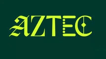 A gothic-style brand logo for "AZTEC" in electric green typography on a dark forest-green background.