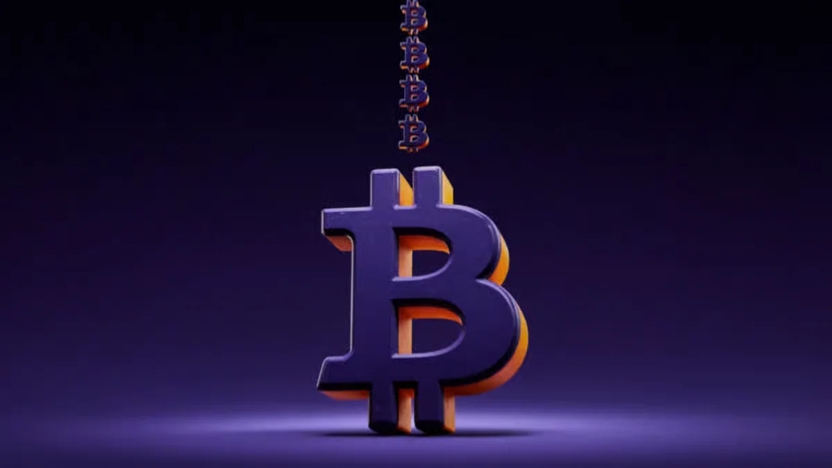 A 3D purple Bitcoin symbol with glowing orange edges and smaller Bitcoin icons stacked above it on a dark purple studio background.