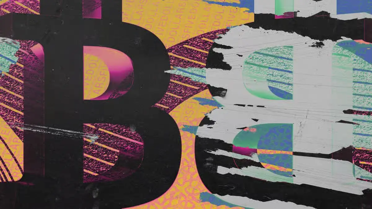 Abstract grunge collage featuring large Bitcoin 'B' logo and dollar patterns