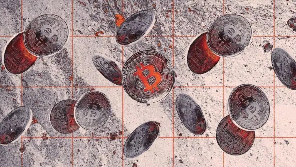 Multiple physical Bitcoin coins scattered over a grey textured stone surface with an orange grid pattern