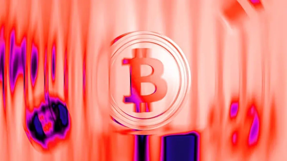 Abstract red and purple ripple background with a central Bitcoin cryptocurrency logo