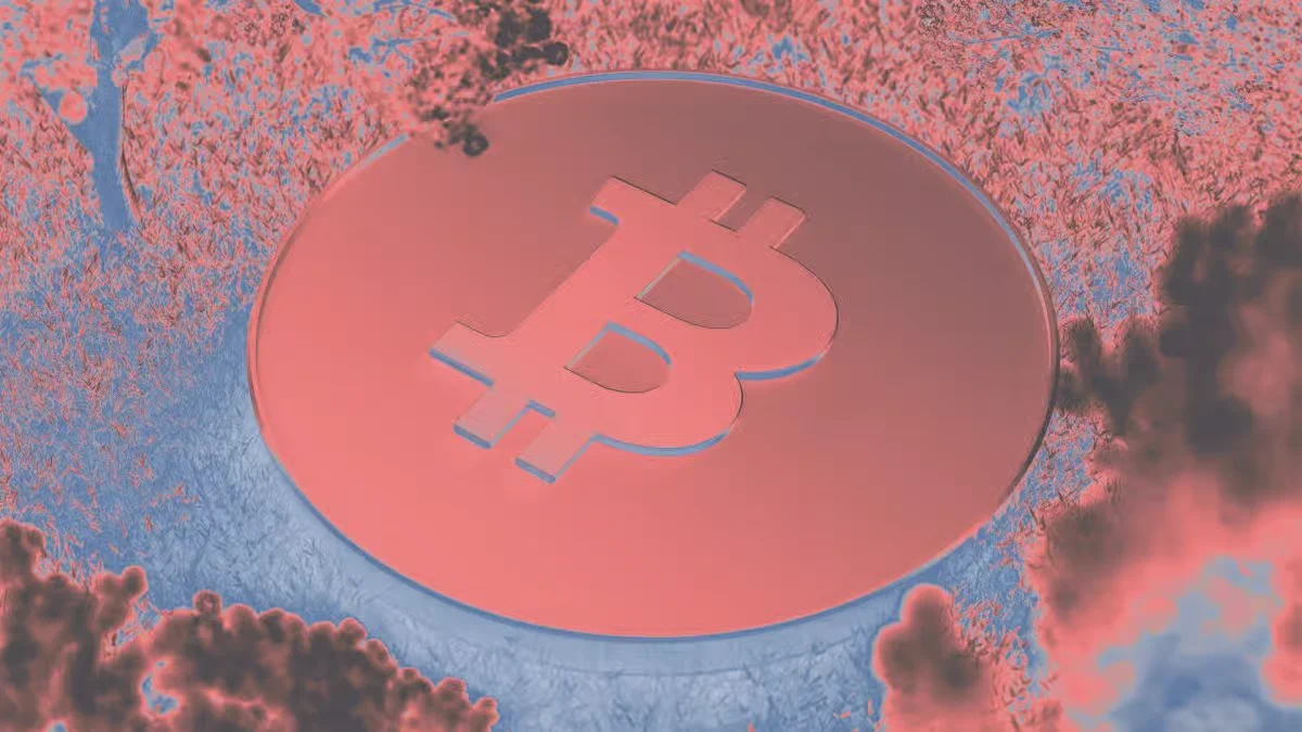 Large Bitcoin symbol token surrounded by pink and blue textured abstract nature pattern.