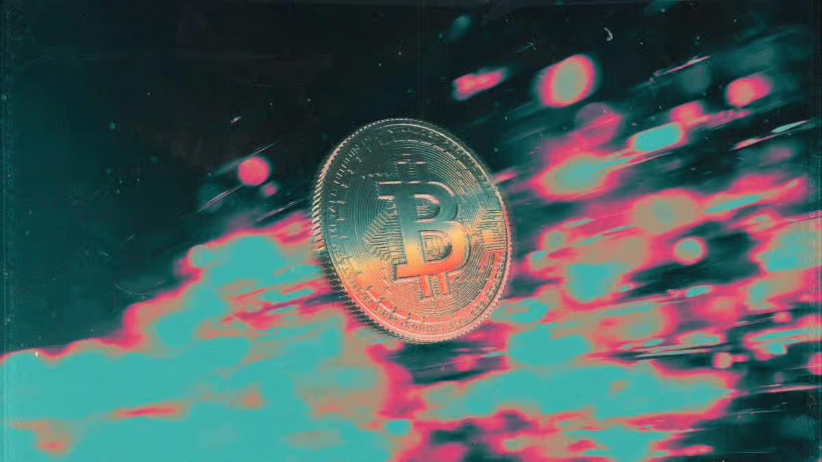 A shiny gold Bitcoin coin floating amidst colorful abstract motion lights and digital speed trails.