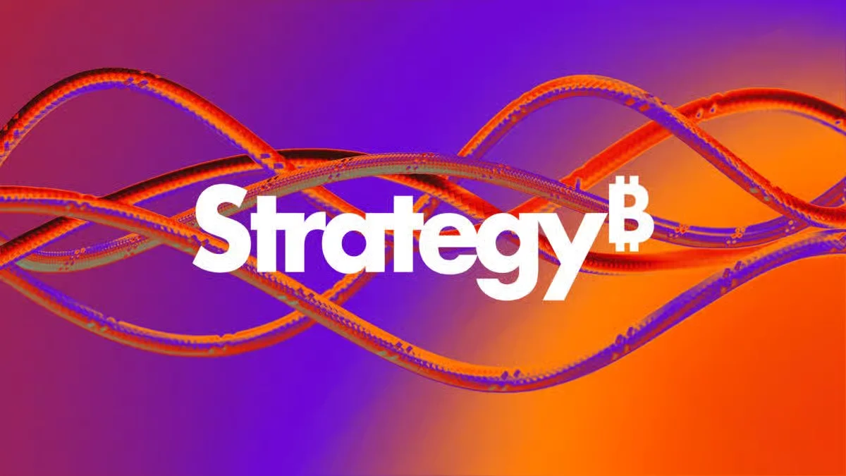 White Strategy text with a Bitcoin symbol icon displayed over abstract glowing orange wavy lines on a purple and orange gradient background.