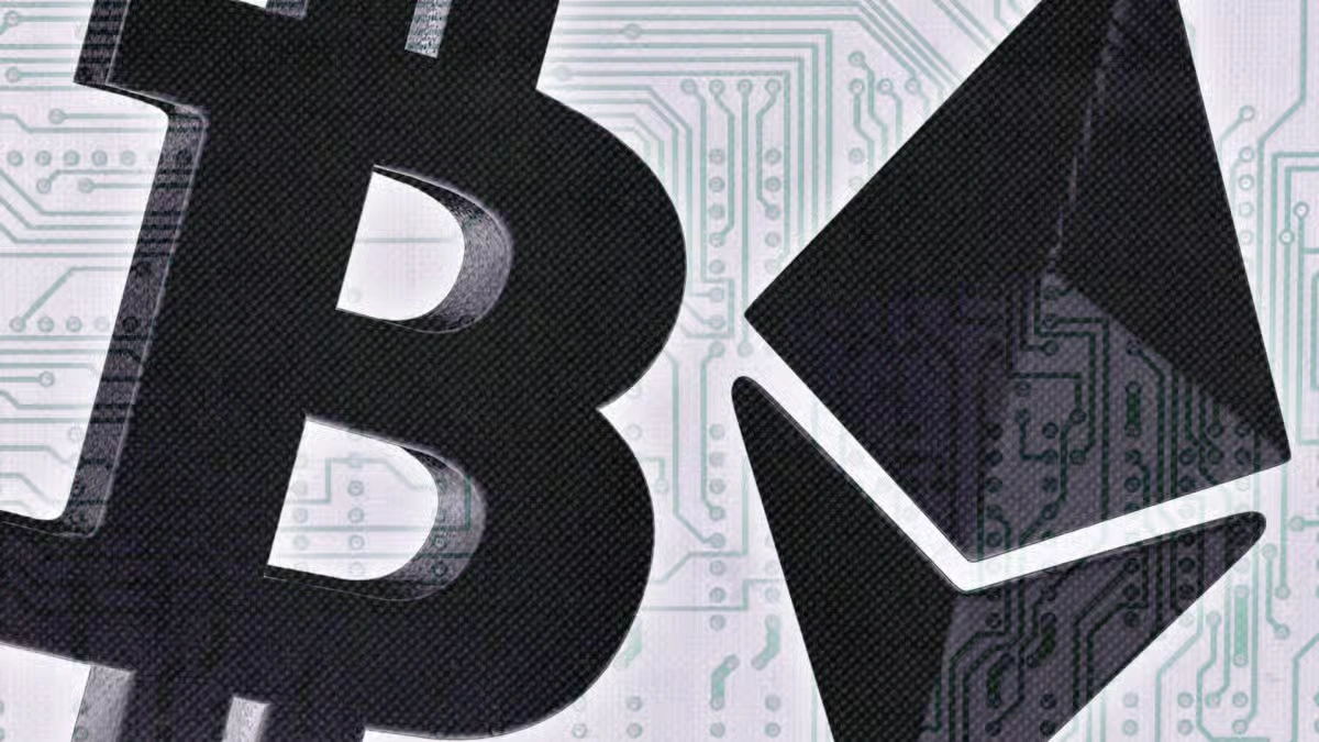 Black Bitcoin and Ethereum cryptocurrency symbols side by side over a digital circuit board background.