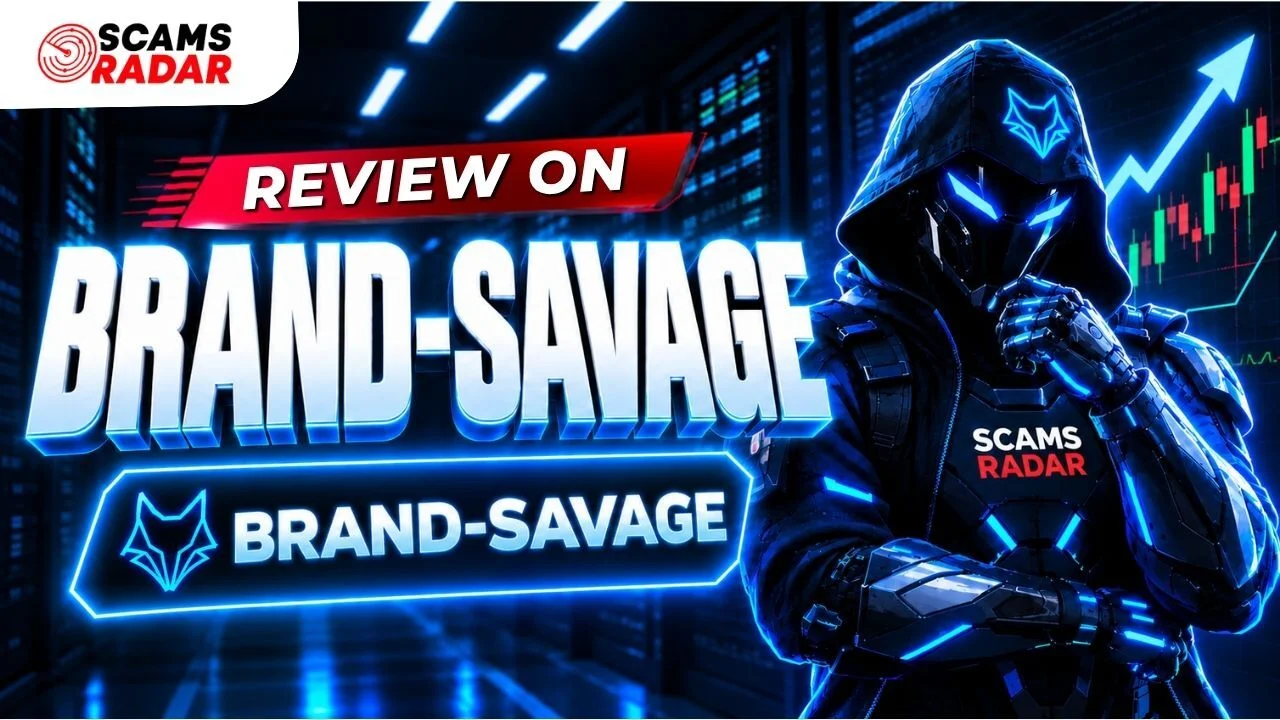 Review on Brand Savage by Scams Radar featuring a futuristic hooded cyber character in front of trading charts.