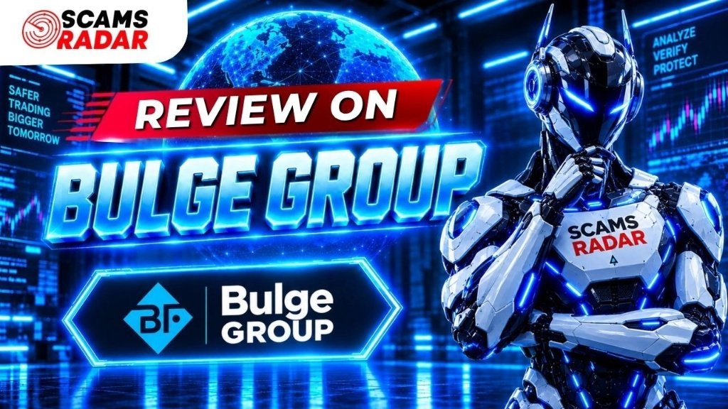 Scams Radar review graphic for Bulge Group showing a futuristic AI robot in front of a trading display.