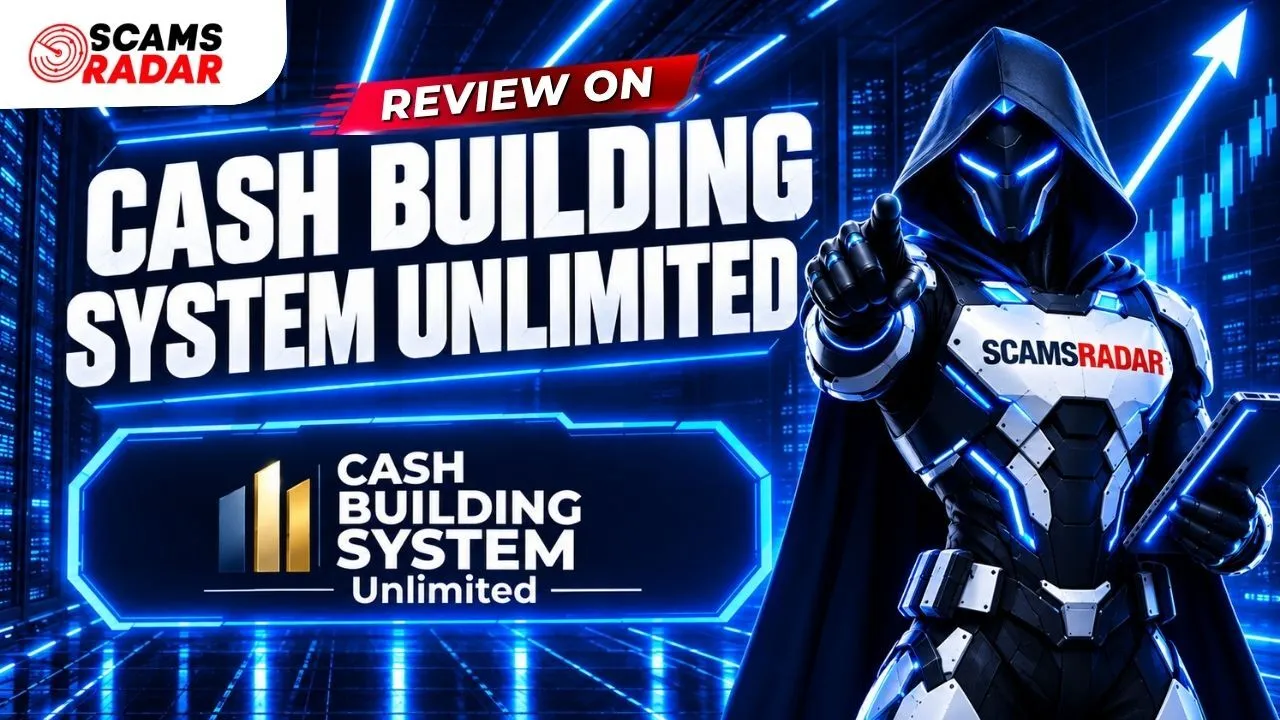 Cash Building System Unlimited review thumbnail featuring ScamsRadar logo and futuristic cyber figure.