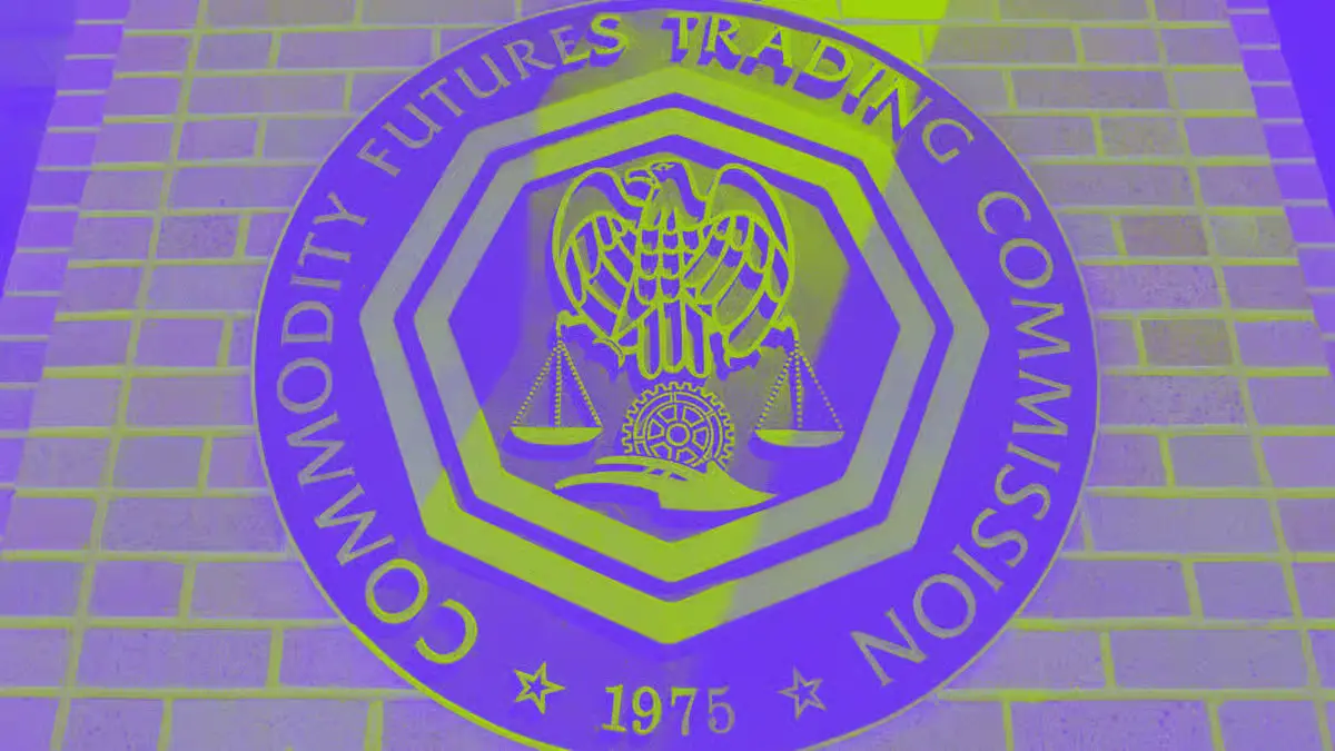 Stylized purple and green CFTC seal on a brick wall.