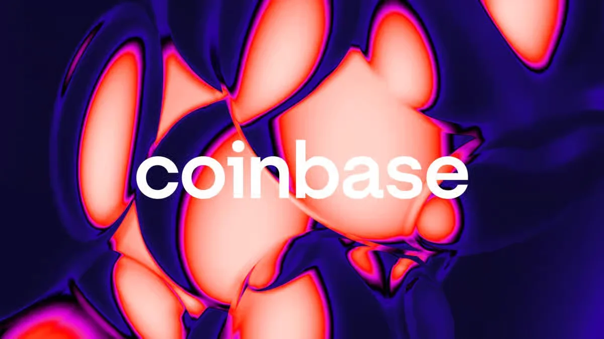 White Coinbase logo displayed over an abstract vibrant purple and orange wavy patterned background.