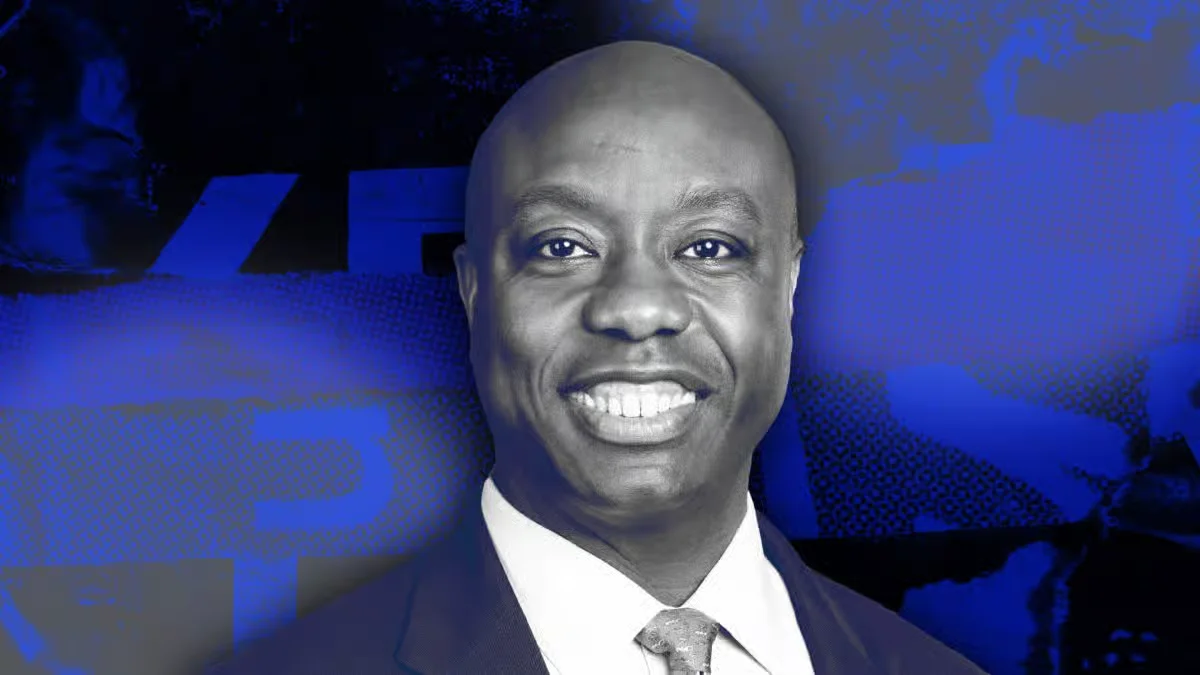 Monochrome black and white portrait of a smiling Black male corporate executive in a suit against a stylized blue abstract background.