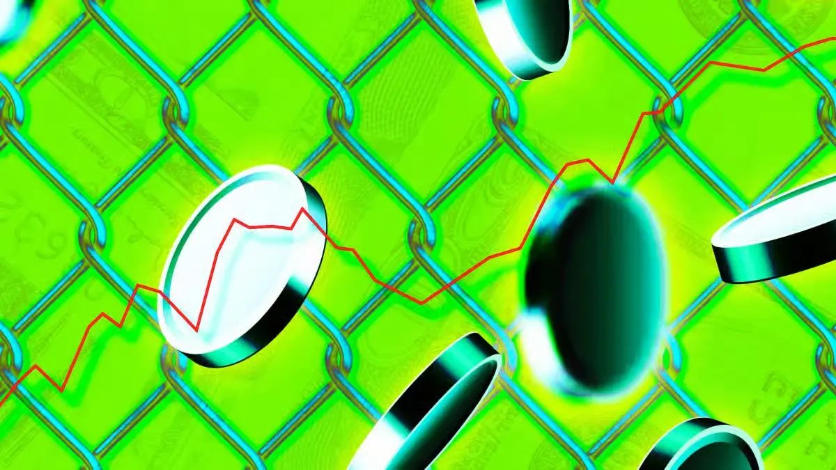 Dynamic red financial graph line and floating metallic coins over a neon green background representing crypto market growth.