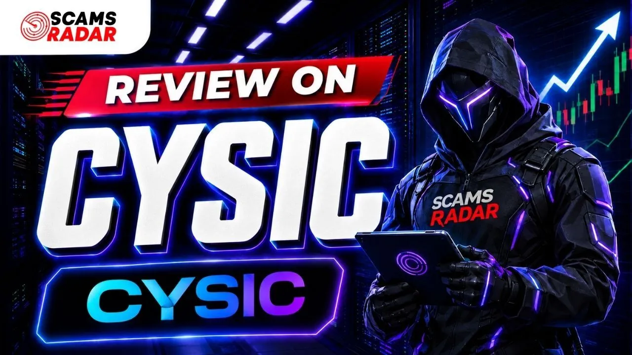 Cysic review banner by Scams Radar featuring a futuristic hacker figure with a tablet against a tech background.