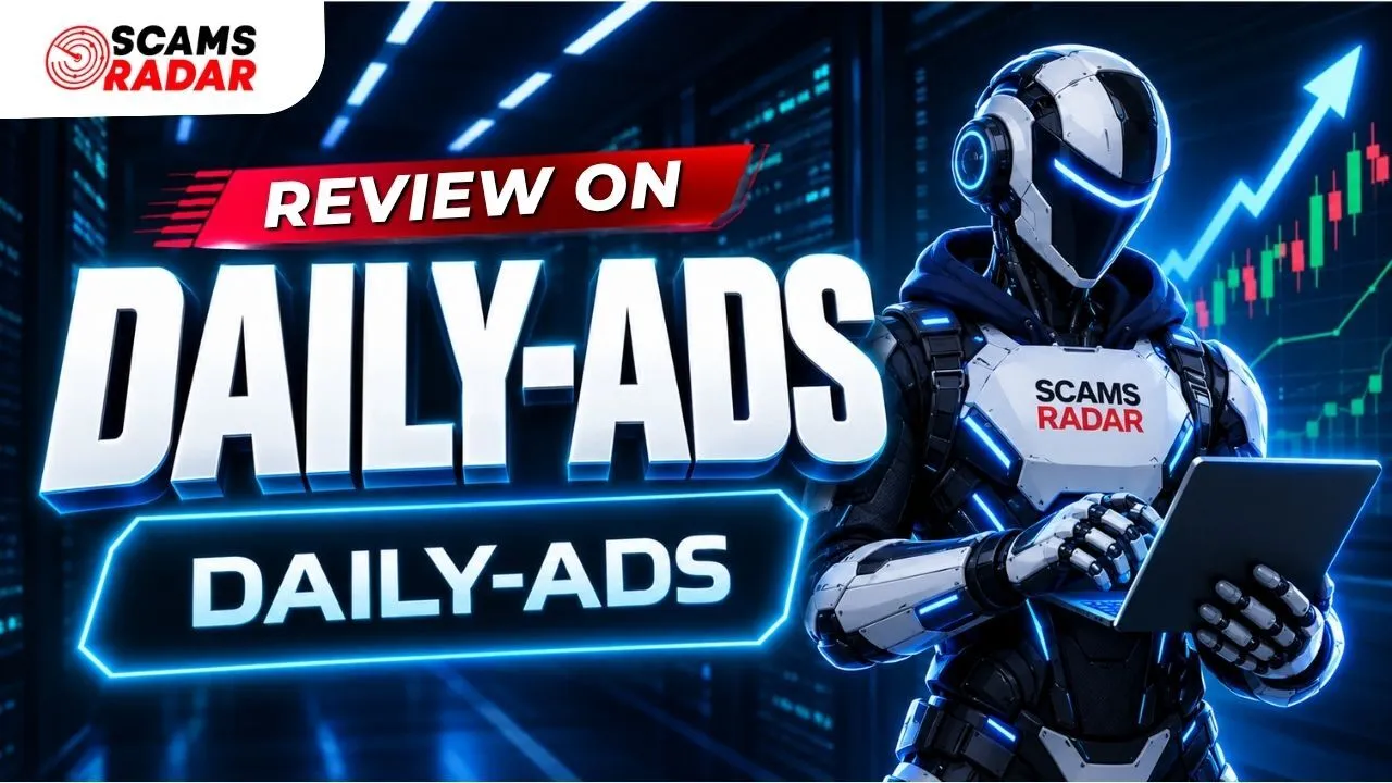 Review on Daily-Ads platform featured on Scams Radar with a robot character holding a tablet