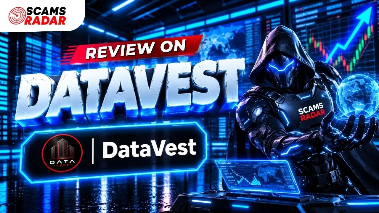 Scams Radar review on DataVest showing a futuristic tech visual with DataVest logo.