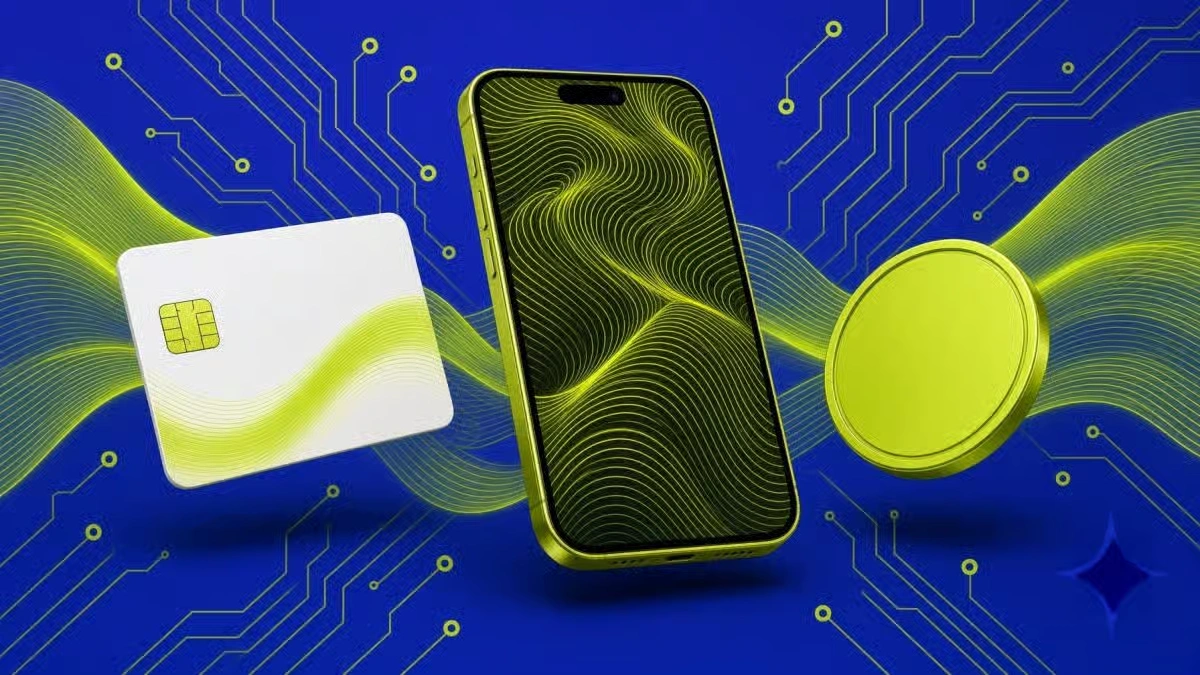 reen smartphone surrounded by a white credit card and a coin on a blue digital circuit background.