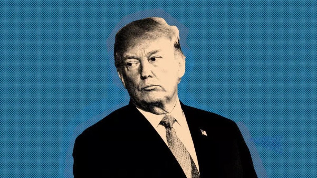 Stylized pop-art style illustration portrait of Donald Trump in a suit and tie against a blue halftone dotted background.