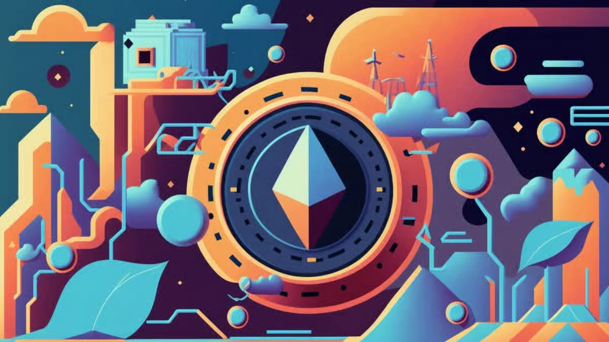 A colorful flat vector illustration featuring an Ethereum diamond logo surrounded by futuristic tech elements, stylized clouds, and circuit patterns.