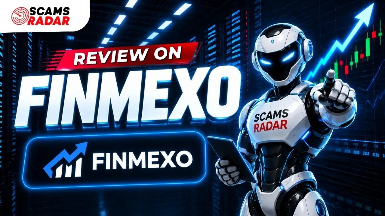 Finmexo review thumbnail featuring Scams Radar logo, a futuristic AI robot pointing forward, and a financial trading chart background.