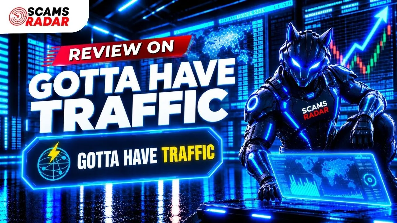 Detailed review on Gotta Have Traffic by Scams Radar featuring a futuristic robot character with trading graphs background