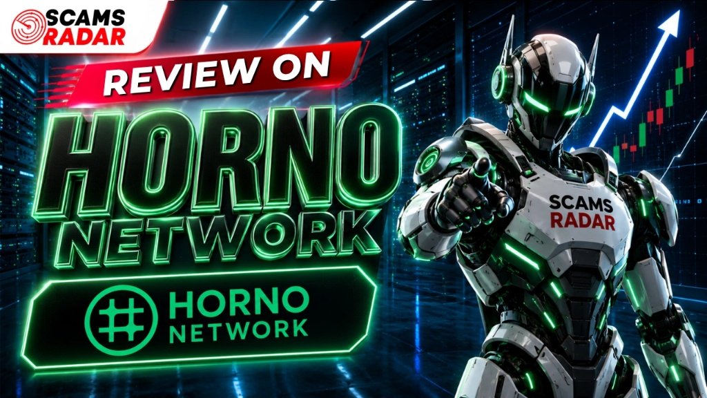 Horno Network review banner by Scams Radar featuring a futuristic robot pointing forward with green neon Horno Network branding.