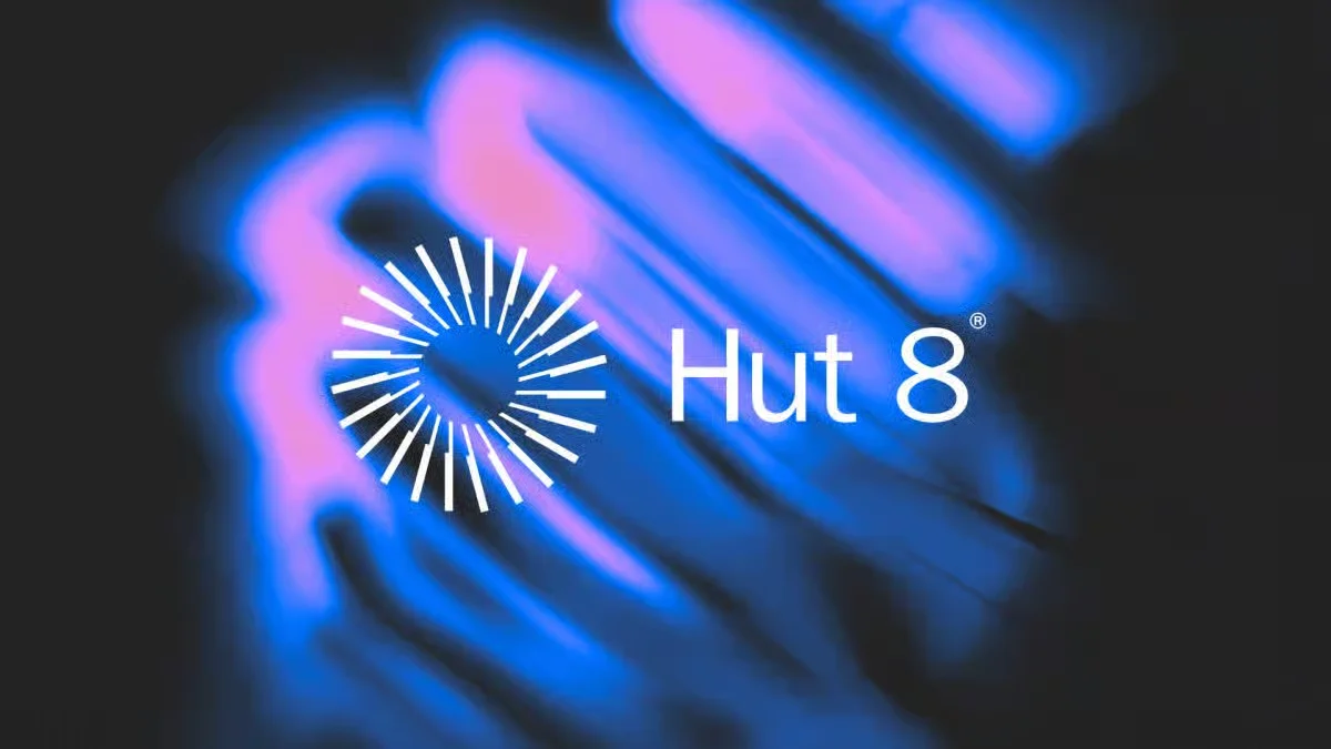 White Hut 8 logo with circular burst icon over a vibrant blue and purple abstract glowing background.