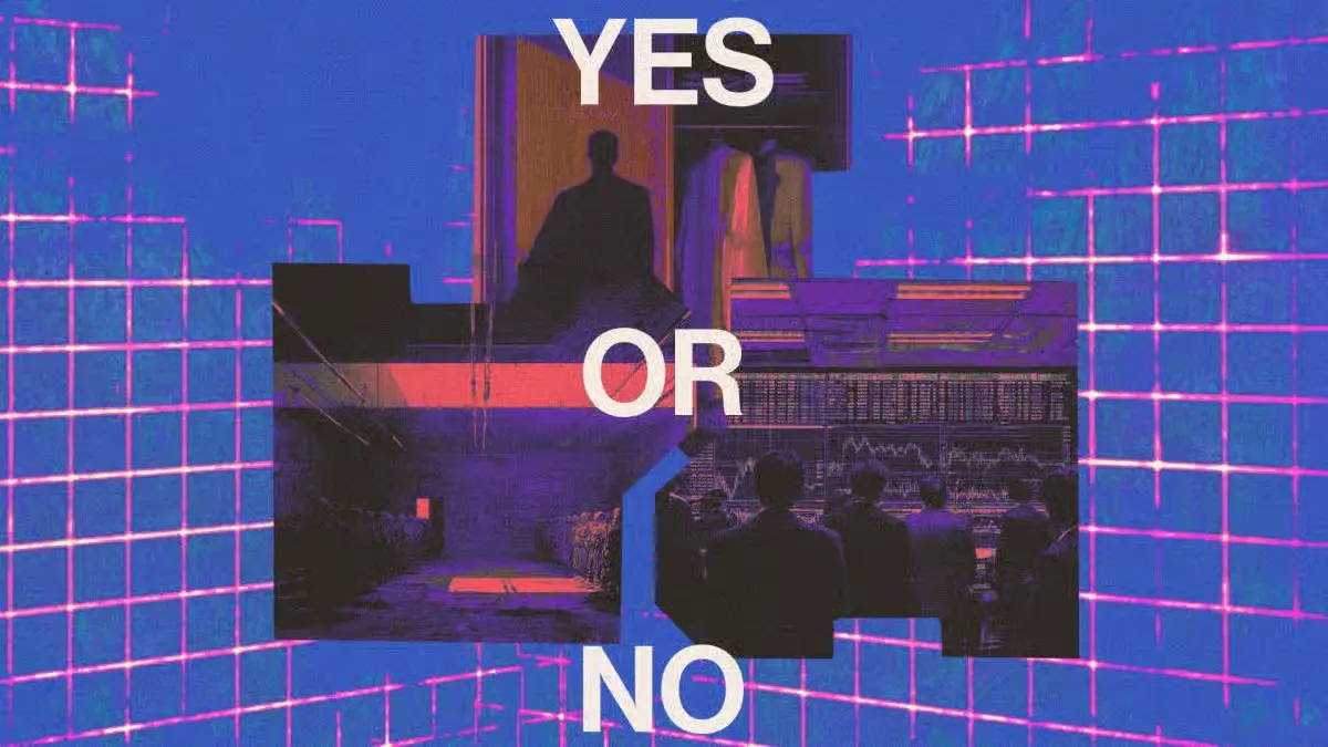 Investment decision yes or no concept showing a choice between business and financial markets