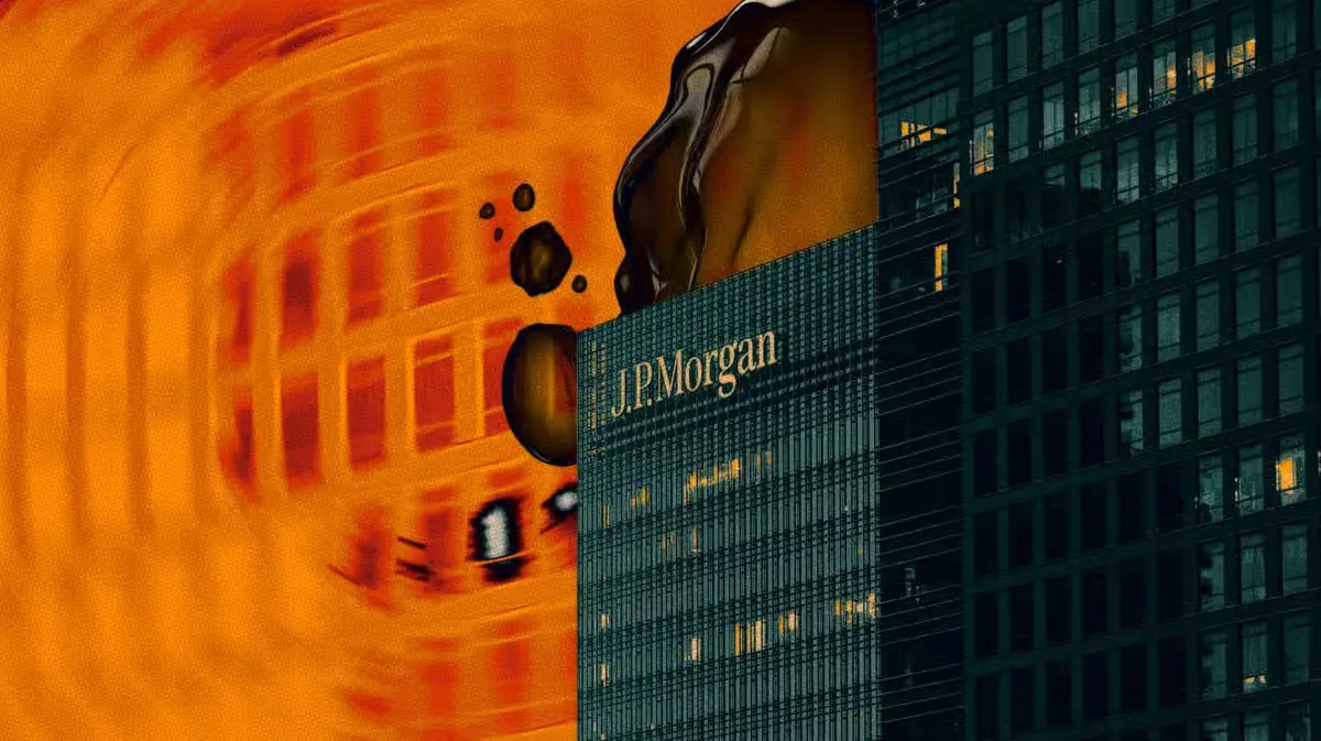 J.P. Morgan skyscraper building with corporate logo on top and vibrant abstract background.