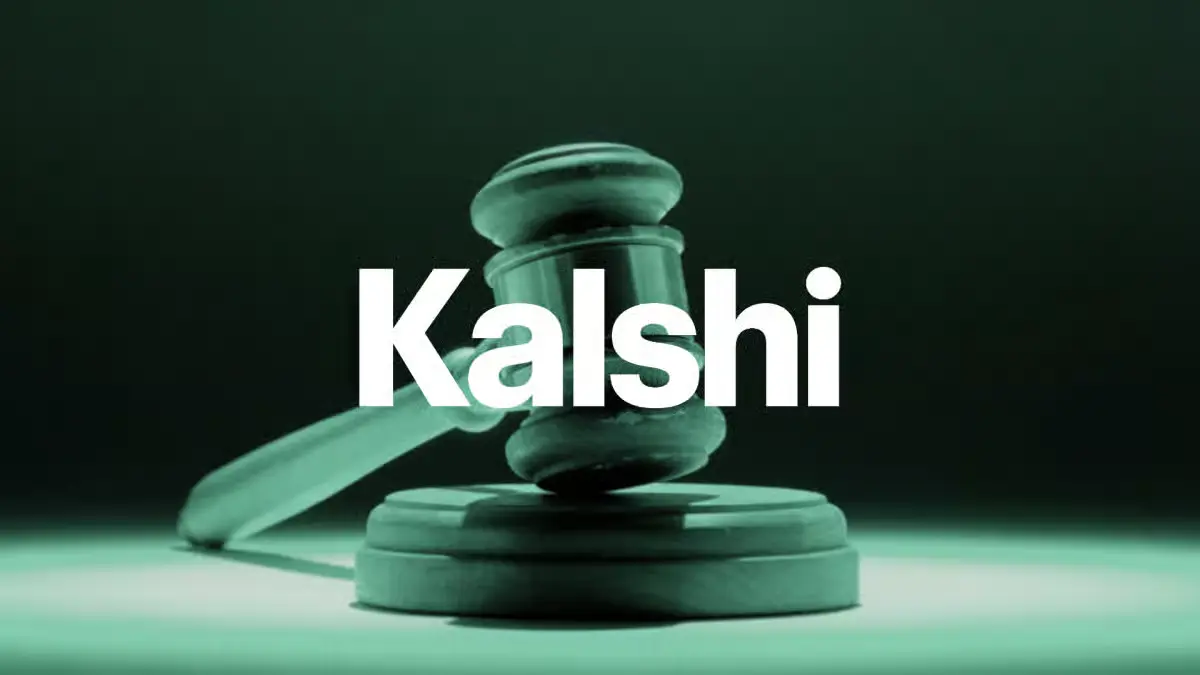 A green-toned image featuring a judge's legal gavel and sound block in the background with bold white text reading 'Kalshi' overlaid in the foreground.