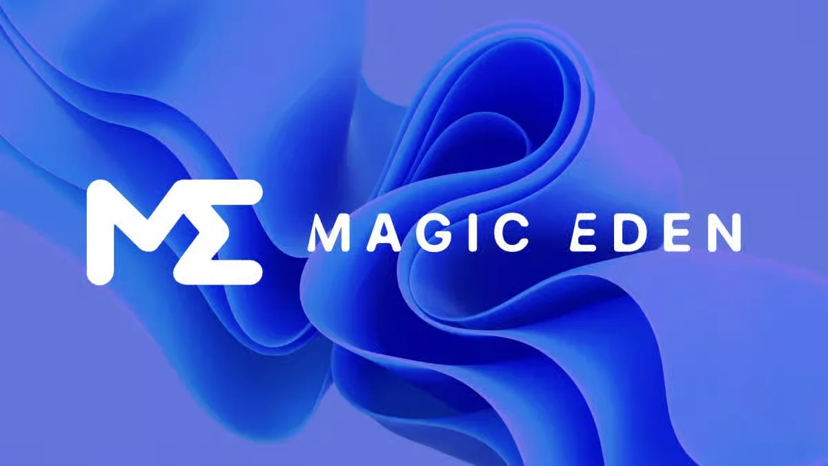 White Magic Eden logo with ME icon displayed over a smooth blue and purple abstract wavy background.