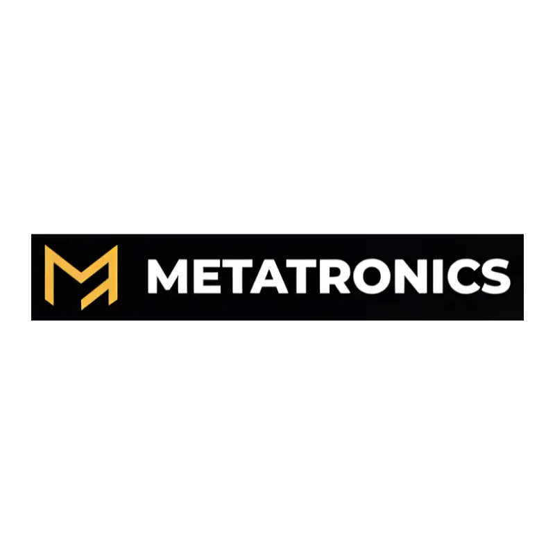 Metatronics logo featuring the distinctive gold M symbol and white METATRONICS wordmark on a black background