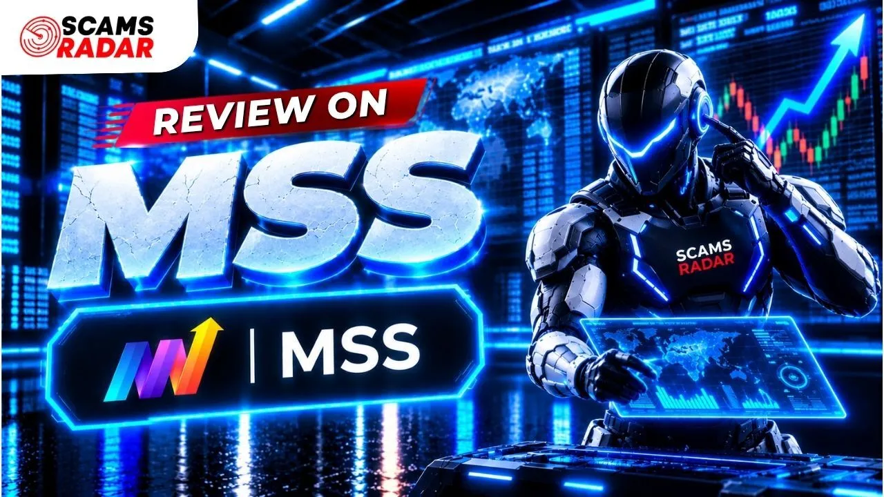 Scams Radar detailed review on MSS featuring trading platform interface and futuristic cyborg graphic.