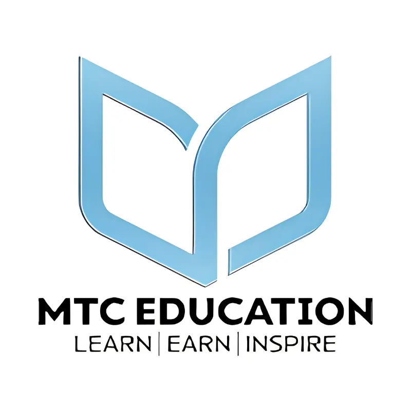 MTC Education official logo featuring a light blue book symbol with the slogan Learn, Earn, Inspire