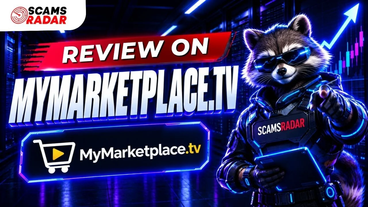 Scams Radar raccoon mascot in tactical suit pointing while reviewing MyMarketplace.tv platform with stock charts and shopping cart logo