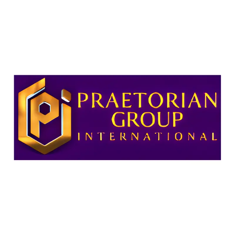 Praetorian Group International official logo featuring a golden P and I emblem on a dark purple background
