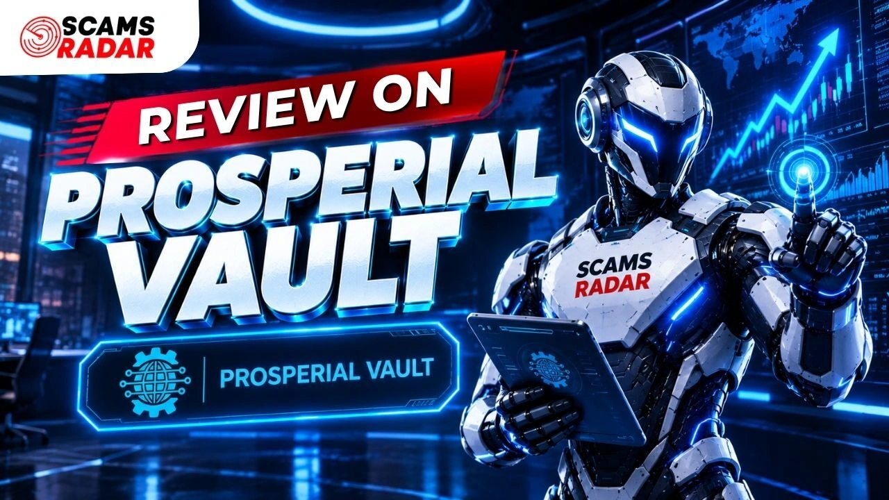 Prosperial Vault review banner featuring Scams Radar logo and a futuristic robot analyzing financial data