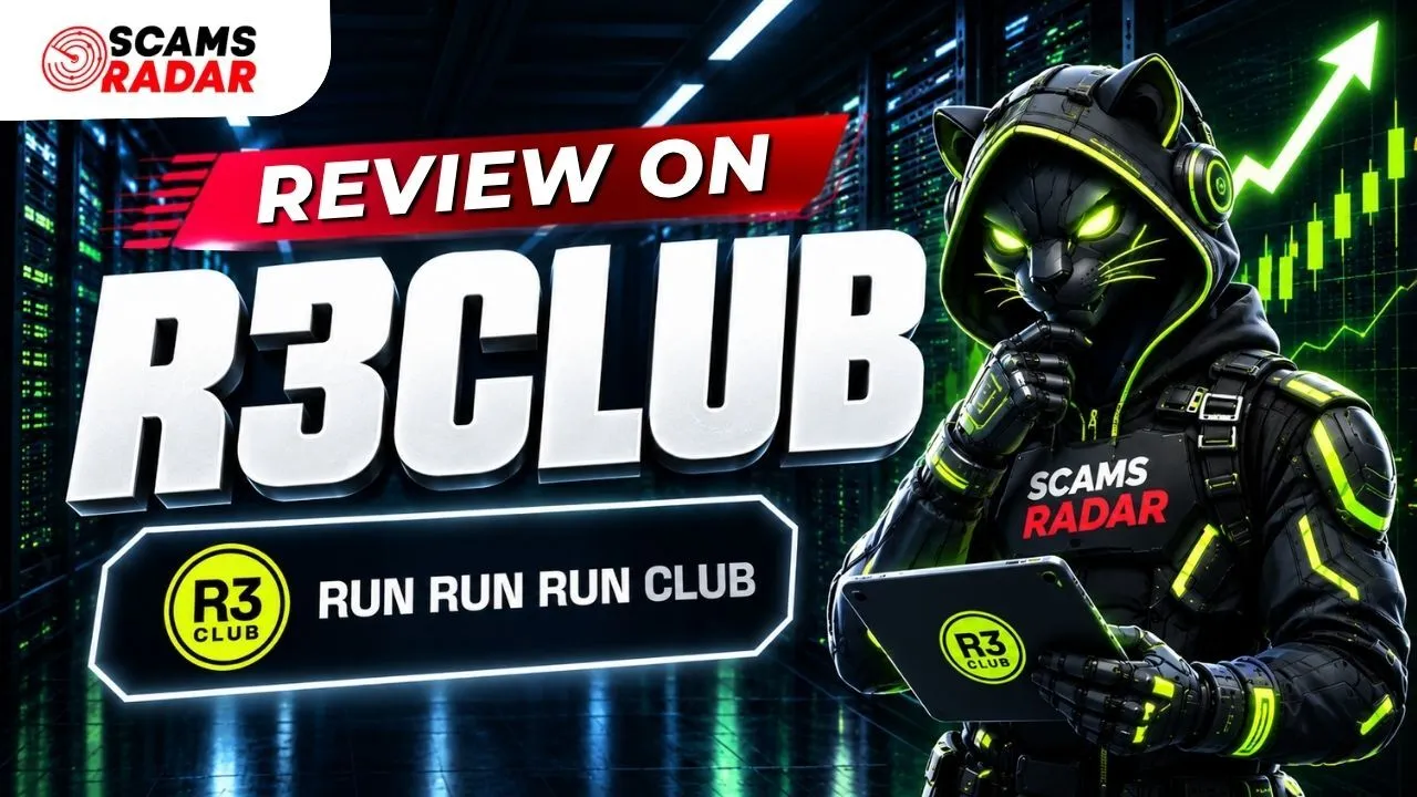 Scams Radar review on R3CLUB (Run Run Run Club) featuring a futuristic panther mascot holding a tablet in a tech server room with trading charts.