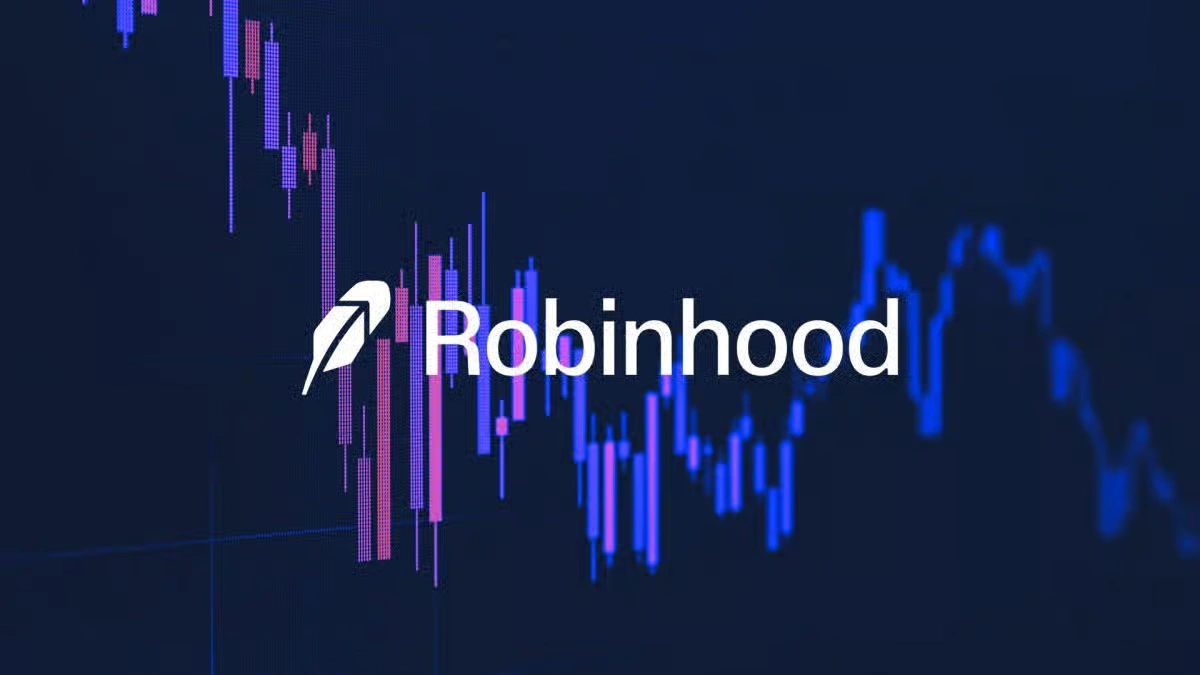 Robinhood brand logo with feather icon displayed over a dark blue stock market candlestick price chart background.