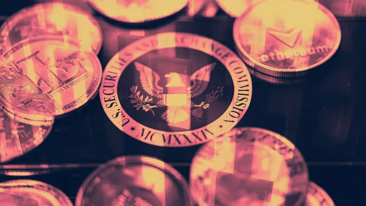 A warm-toned graphic overlaying the U.S. Securities and Exchange Commission (SEC) official seal with various physical cryptocurrency coins, including Ethereum, symbolizing financial regulation.