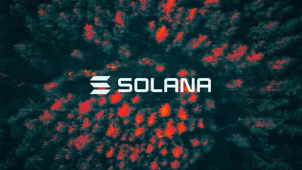 White Solana logo displayed over a dark textured background with vibrant glowing red and orange digital heat map patterns.