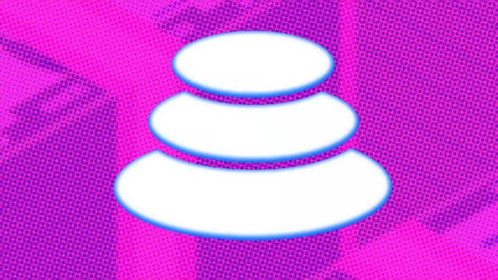 A 3D illustration of three stacked white oval shapes with a soft blue glow against a halftone vibrant pink textured background.